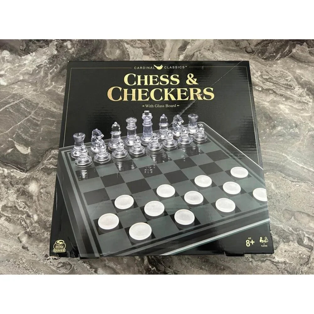 new sealed‎ chess and checkers set with glass board​